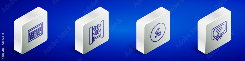 Set Isometric line Calculator, Abacus, Function mathematical symbol and Certificate template icon. Vector