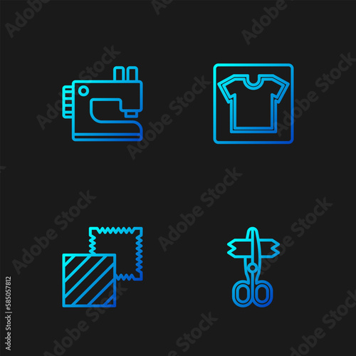 Set line Scissors, Textile fabric roll, Sewing machine and pattern. Gradient color icons. Vector