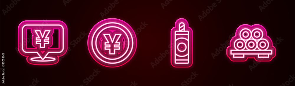 Set line Chinese Yuan currency, , Firework and Sushi on cutting board. Glowing neon icon. Vector Set line Chinese Yuan currency, , Firework and Sushi on cutting board. Glowing neon icon. Vector