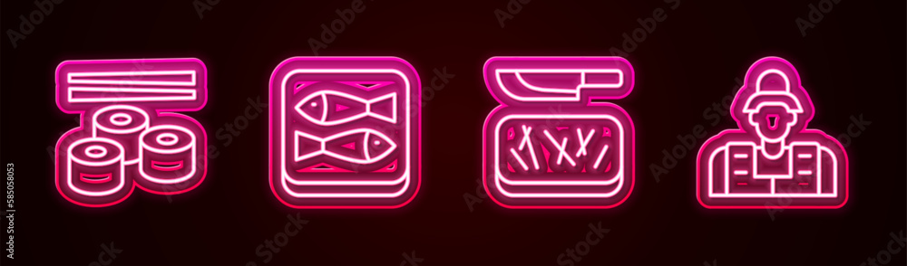 Set line Sushi, Canned fish, Cutting board and knife and Fisherman. Glowing neon icon. Vector Set line Sushi, Canned fish, Cutting board and knife and Fisherman. Glowing neon icon. Vector