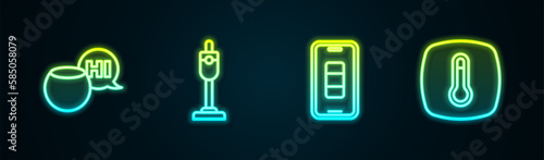 Set line Voice assistant, Vacuum cleaner, Smartphone battery charge and Thermostat. Glowing neon icon. Vector
