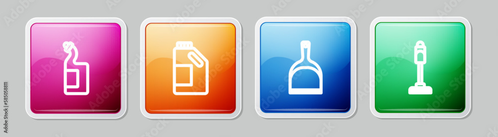 Set line Dishwashing liquid bottle, Bottle for cleaning agent, Dustpan and Vacuum cleaner. Colorful square button. Vector Set line Dishwashing liquid bottle, Bottle for cleaning agent, Dustpan and Vacuum cleaner. Colorful square button. Vector