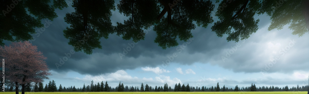 Obraz premium Illustration of a serene landscape with trees and billowing clouds created with Generative AI technology