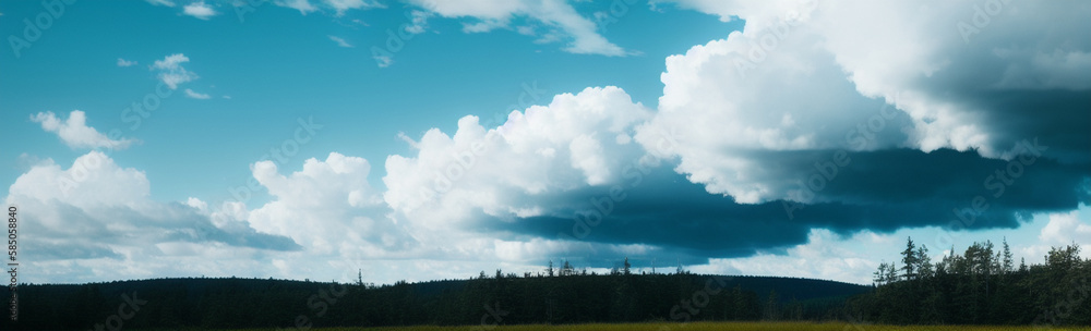 Illustration of a serene landscape with trees and billowing clouds created with Generative AI technology