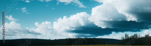 Illustration of a serene landscape with trees and billowing clouds created with Generative AI technology
