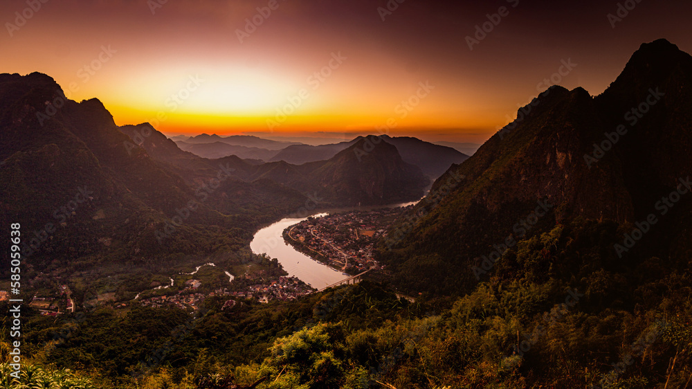 Sunset aerial view of Nong Khiaw, Laos