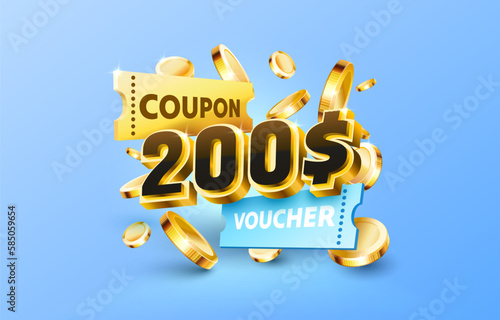 200 dollar coupon gift voucher, cash back banner special offer. Vector