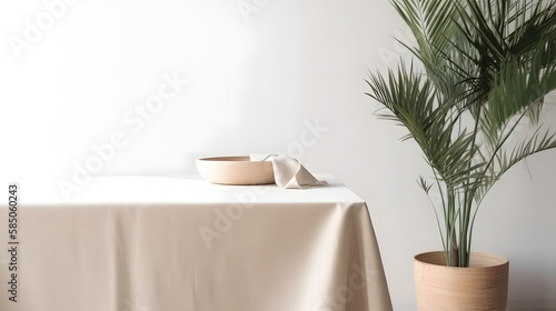 Soft beige cotton tablecloth on counter table, tropical dracaena tree in sunlight on white wall background for luxury fresh organic cosmetic, skincare, beauty treatment product display 3D photo