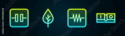 Set line Electrolytic capacitor, Leaf Eco symbol, Resistor in electronic circuit and Electric light switch. Glowing neon icon. Vector
