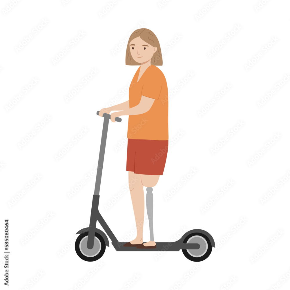 Young woman with a prosthetic leg riding electric scooter. Handicapped person Young woman with a prosthetic leg riding electric scooter. Handicapped person