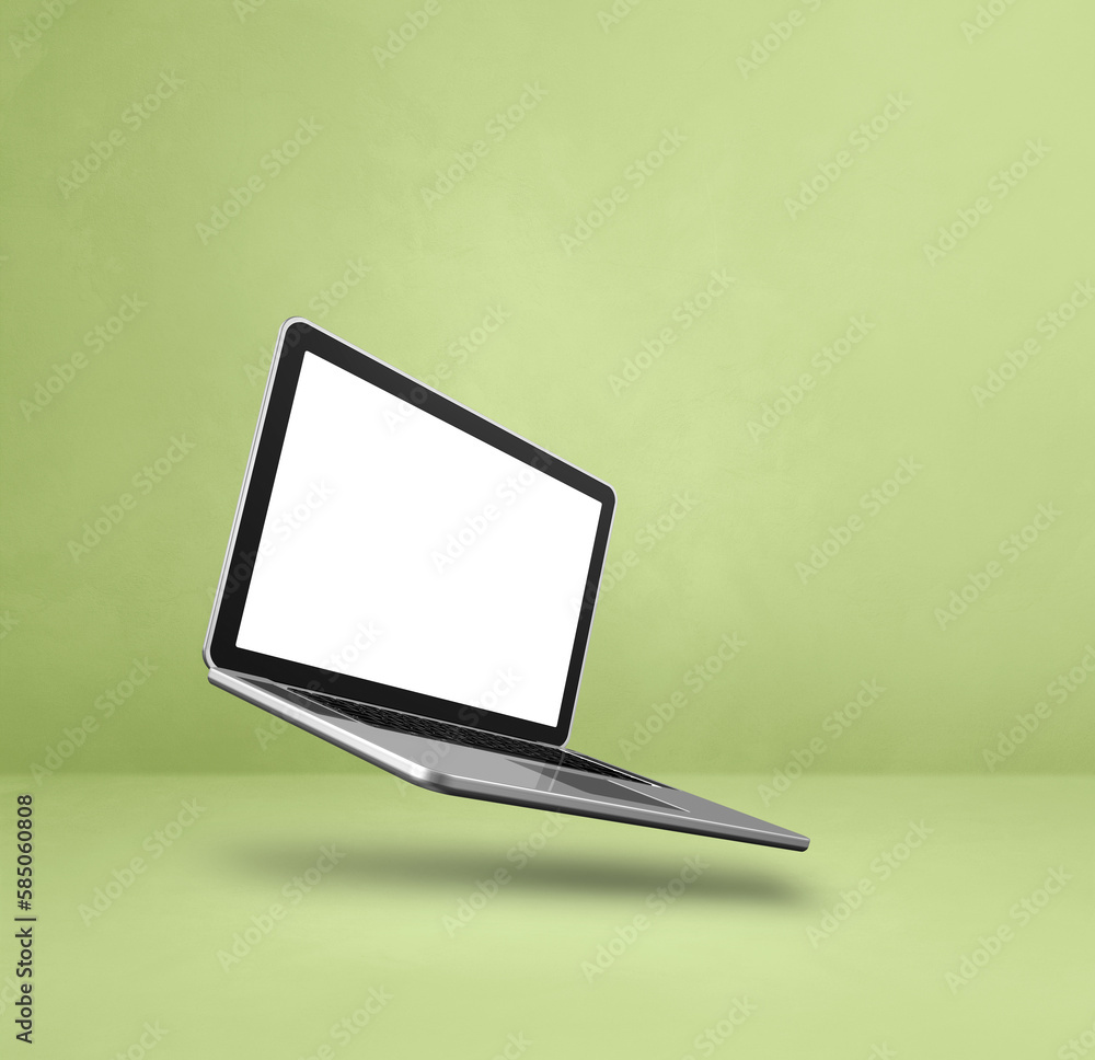 Floating computer laptop isolated on green. Square background Floating computer laptop isolated on green. Square background
