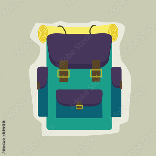 Camping bag green color with caremat, backpack with pockets. Backpack for schoolchildren, students, travellers and tourists. Flat vector illustration. Vector illustration EPS10