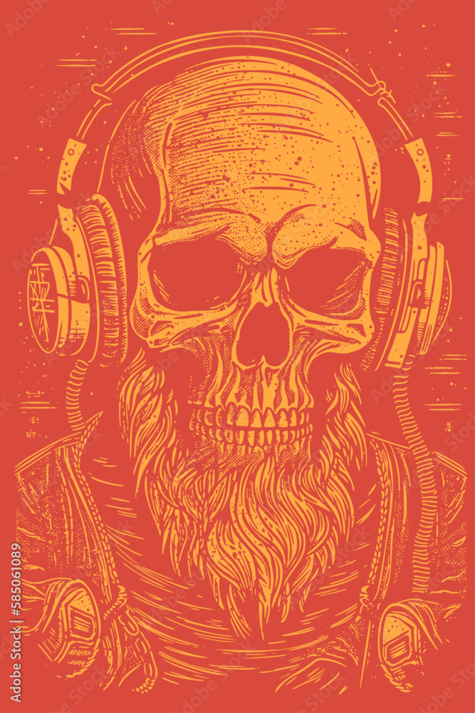 High detail skeleton skull wearing headphones. Woodcut engraving style hand drawn vector illustration. Optimized vector. 