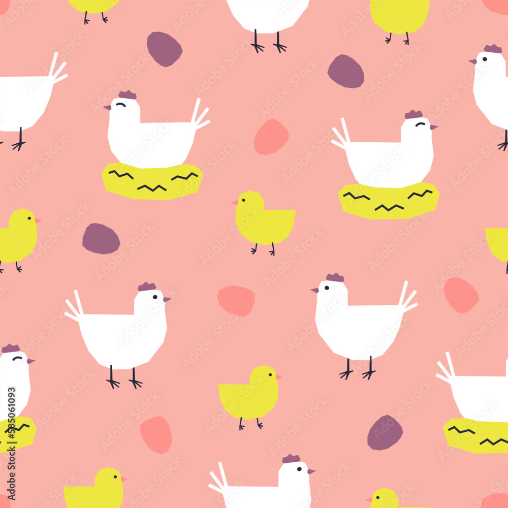 Seamless pattern with hens, chickens and eggs. Cutout colorful elements on pink background.