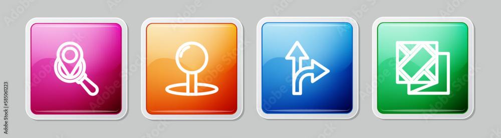 Set line Search location, Push pin, Road traffic sign and Folded map. Colorful square button. Vector Set line Search location, Push pin, Road traffic sign and Folded map. Colorful square button. Vector