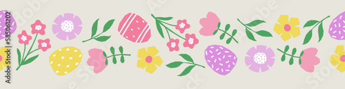 Seamless border with hand drawn Easter eggs, flowers and leaves. Cutout colorful plants and eggs on grey background.