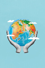 Magazine creative picture collage of huge big round earth planet eco ecology conservation concept international tourism