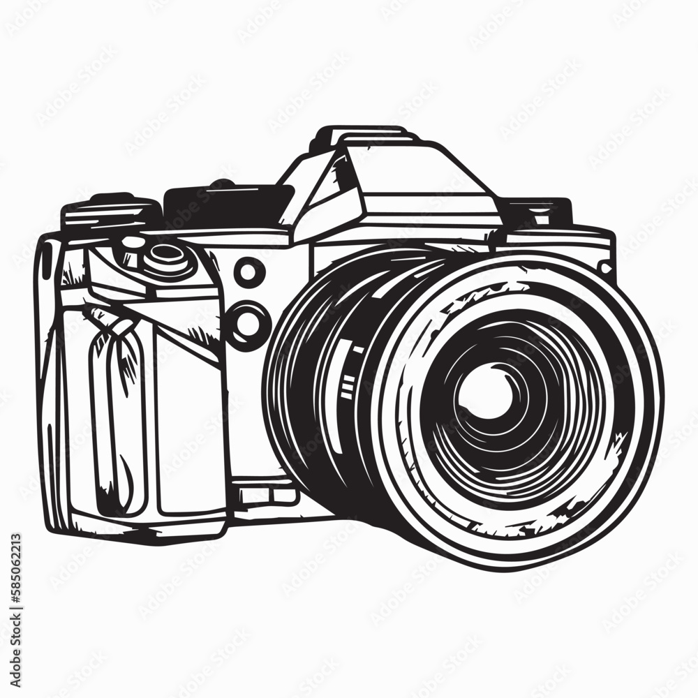 Photo camera. Line art vector illustration icon of photography equipment.  Old vintage film camera. Abstract doodle of old retro graphics.  Photographer element with shutter and focus. Logo design idea. Stock Vector