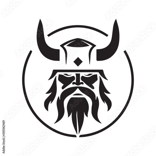 Viking head. Scandinavian fighter. Man with helmet and beard. Vector icon of strong nordic warrior. Powerful angry and strong fighter. Tattoo design of odin soldier. Minimal clean modern company logo