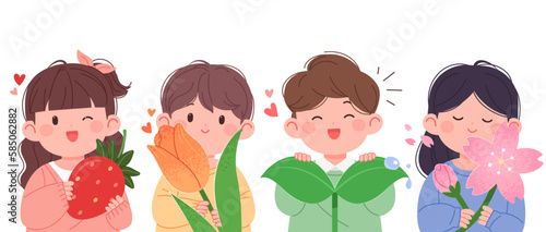 Spring concept cute kids characters illustration. Kindergarten children are holding flowers and plants.