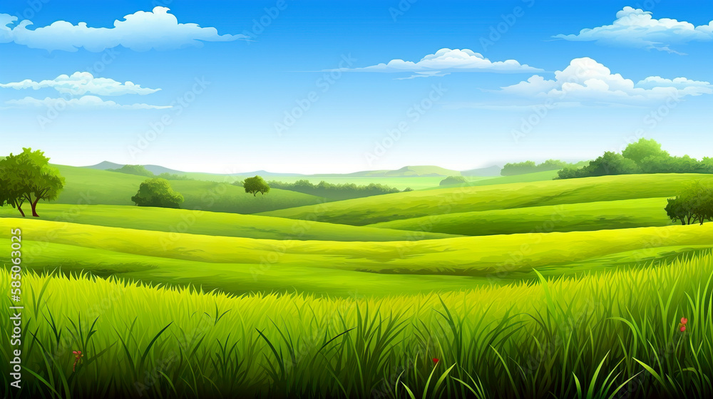 Green lush fresh spring landscape background wallpaper background illustration design with hills and mountains. Watercolor effect AI generated illustration with painting effect.