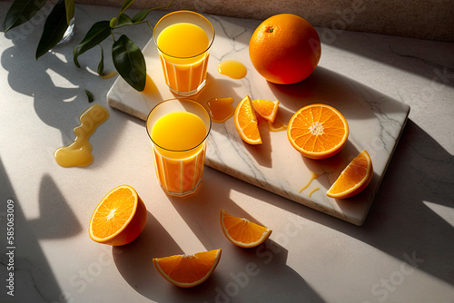 Commercial still life photo of orange juice with glasses over marble surface. Generative AI. photo