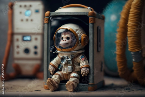 Cosmonaut or astronaut monkey toy in a spacesuit concept. Space and science exploration funny pet animal symbol. Ai generated