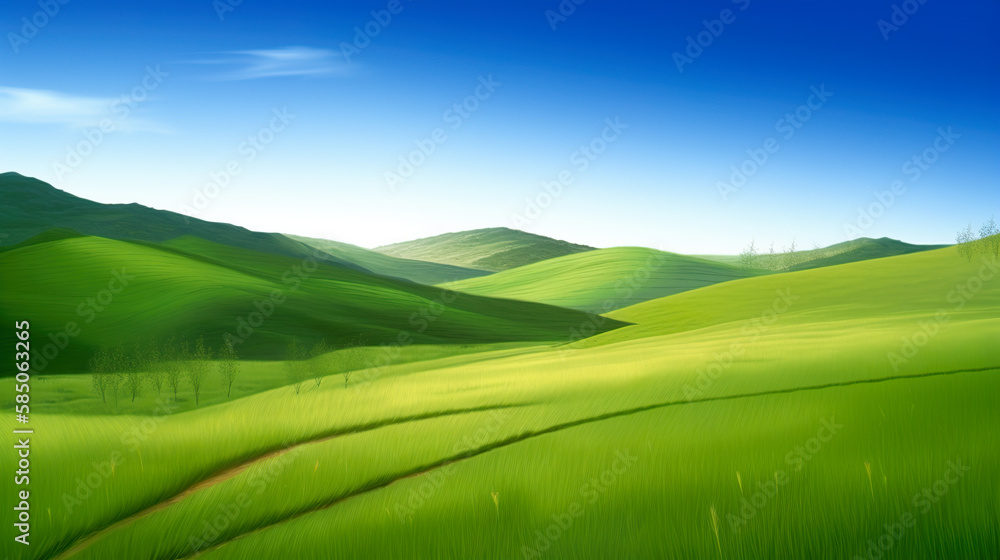 Green lush fresh spring landscape background wallpaper background illustration design with hills and mountains. Watercolor effect AI generated illustration with painting effect.