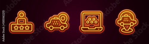 Set line Taxi service rating, Location taxi car, mobile app and . Glowing neon icon. Vector