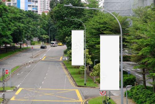 Hanging posters by the road in the city; blank vertical advertising banners on street lampposts, against lush green trees and plants. For OOH out of home template mock up