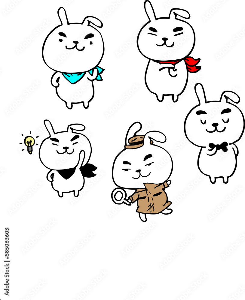  Funny bunny costume in cartoon style in various poses and emotions on a white background