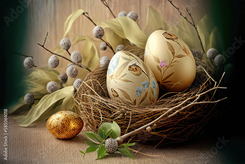 Two beautiful yellow Easter eggs and willow branches with buds in the nest of straw, Generative AI