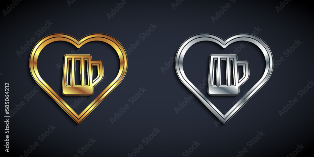 Gold and silver Heart with glass of beer icon isolated on black background. Long shadow style. Vector Gold and silver Heart with glass of beer icon isolated on black background. Long shadow style. Vector