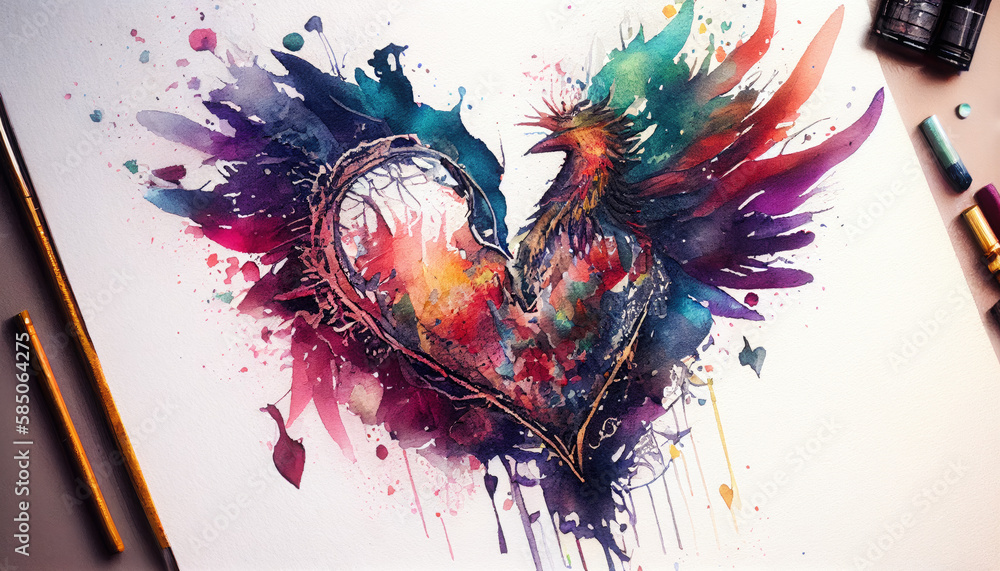 watercolor broken heart with splashes ink painting - by generative ai watercolor broken heart with splashes ink painting - by generative ai