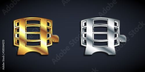 Gold and silver Wooden barrel on rack with stopcock icon isolated on black background. Long shadow style. Vector