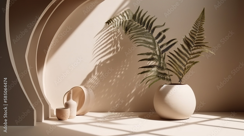 Fototapeta premium Modern geometric design oak wooden podium, beautiful wood grain, tropical palm tree in sunlight, leaf shadow on blank beige wall for luxury organic cosmetic, skincare, Created with generative AI tools