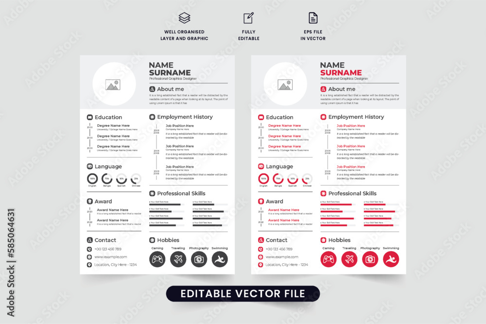 Company intern resume template vector with employee activities and skills. Modern resume template design for official employment. Minimal CV and resume template vector with red and dark colors.