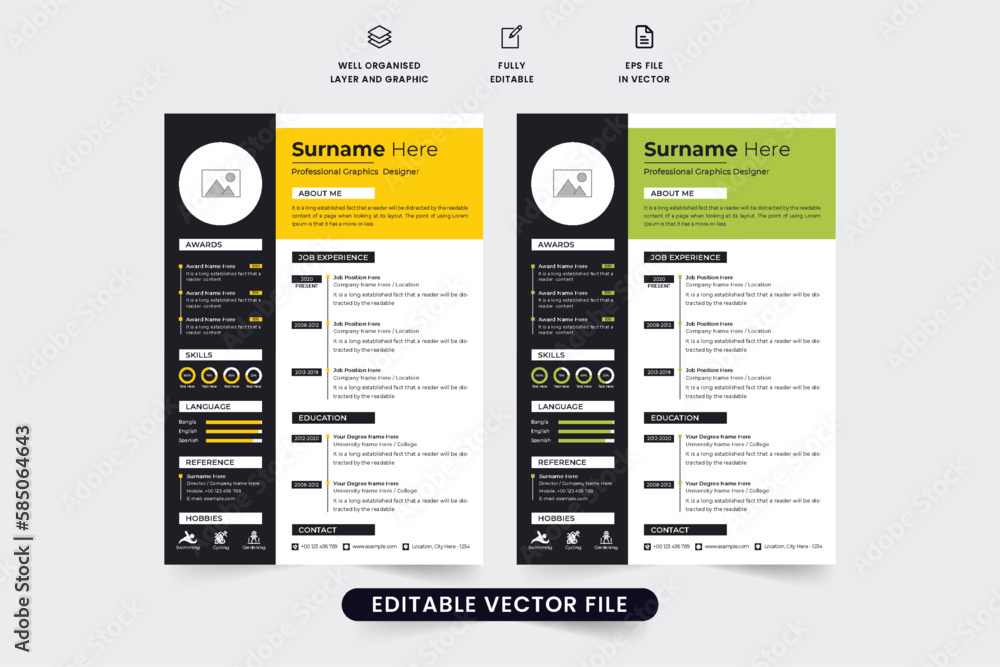 Naklejka premium Professional resume template vector with photo placeholders. Modern company CV and resume layout design with yellow and green colors. Office intern job application and resume template vector.