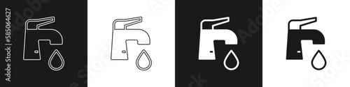 Set Water tap icon isolated on black and white background. Vector