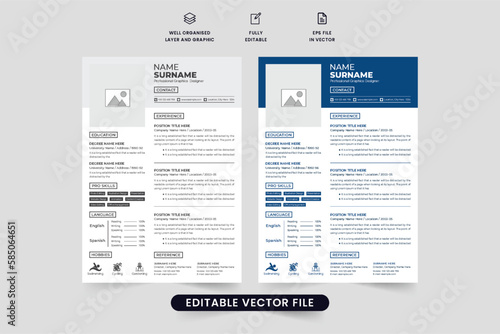 Simple CV template vector with photo placeholders and job experience sections. Modern office job application resume layout design with dark and blue colors. Company intern CV template vector.