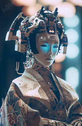 Cyberpunk Geisha Robot, Generative AI photo