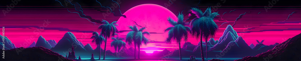 Synthwave sunset, landscape with palm trees, retrowave, vaporwave, panoramic scale, Generative AI 
