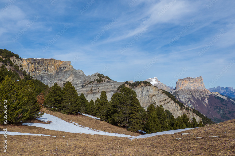 mountain landscape with view on the Grand Veymont and the Mont Aiguille, Vercors, France