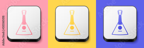 Isometric Musical instrument balalaika icon isolated on pink, yellow and blue background. Square button. Vector