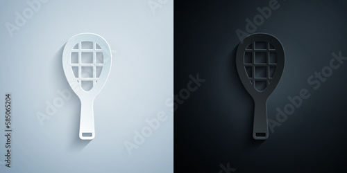 Paper cut Tennis racket icon isolated on grey and black background. Sport equipment. Paper art style. Vector