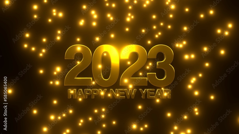 Happy New Year 2023 with golden falling particle on black background. Happy New Year 2023 with golden falling particle on black background.