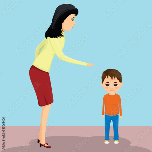 mother gets angry with her son because of her mistake and her son starts to cry