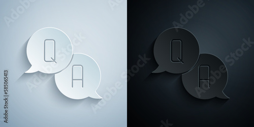 Paper cut Speech bubbles with Question and Answer icon isolated on grey and black background. Q and A symbol. FAQ sign. Chat speech bubble and chart. Paper art style. Vector