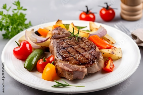 Grilled beef steak with grilled vegetables on a plate. Generative AI