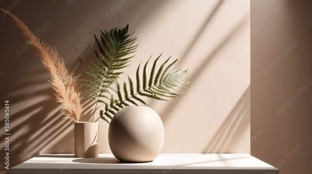 Modern geometric design oak wooden podium, beautiful wood grain, tropical palm tree in sunlight, leaf shadow on blank beige wall for luxury organic cosmetic, skincare, Created with generative AI tools Modern geometric design oak wooden podium, beautiful wood grain, tropical palm tree in sunlight, leaf shadow on blank beige wall for luxury organic cosmetic, skincare, Created with generative AI tools